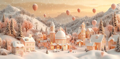 Snowy village with pink buildings and balloons winter architecture