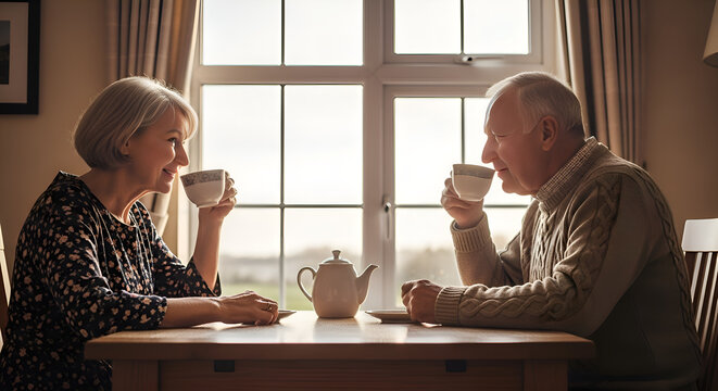 An old ouple drinking tea together by the window