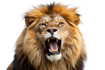 A powerful male lion roars with its mouth wide open, revealing its teeth and impressive mane, isolated on a transparent background