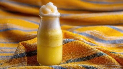 Yellow Frothy Drink in Glass Bottle on Striped Fabric