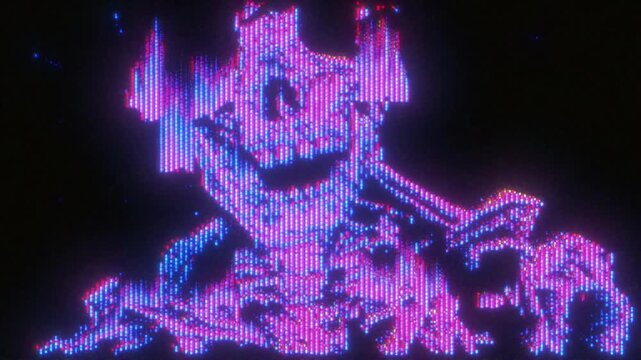 4K Glitch skeleton overlay with neon pink pixel distortion and CRT scanlines, digital noise for motion graphics, screen mode, horror glitch effect, glitch transition pack