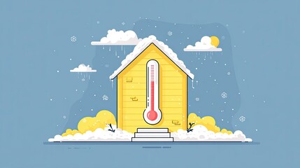 Yellow House in Snowy Winter Landscape Pixel Art Illustration