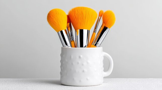 White mug filled with colorful art brushes and pencils, a creative workspace essential