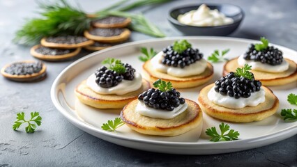 Fototapeta premium Black caviar elegantly draped over fluffy blini with dollop of sour cream and fresh herbs. Classic white plate on light stone surface offers perfect text integration space