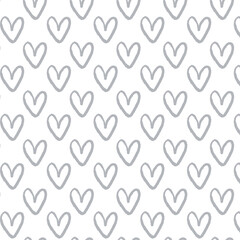 Cute romantic minimalist simple seamless pattern with hand drawn silver ink grunge hearts in outline. Background for Valentines day wedding.