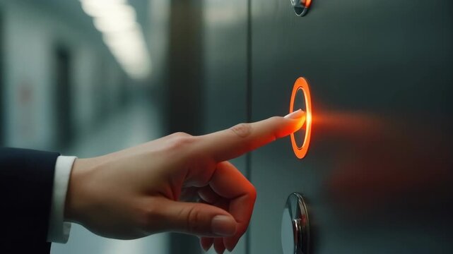Woman's hand pressing an elevator button in a modern office lobby, close-up.


