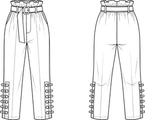 CAD flat vector drawing of stylish high-waist belted pants with paper bag waist, side buckles, tapered leg, front back views
