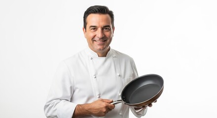 Smiling male chef in uniform holding a frying pan isolated on white background professional cooking