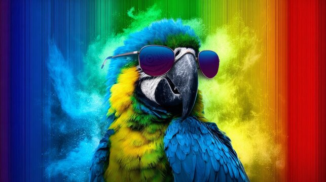 A colorful parrot wearing sunglasses is the main focus of the image