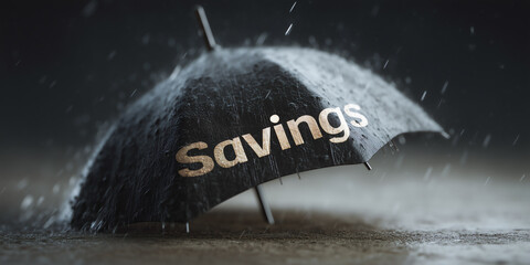 Metaphorical 3D �Savings� Umbrella Protecting Business Icons from a Financial Storm to Illustrate Emergency Fund Importance