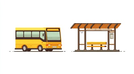 Yellow Pixel Art Bus at a Wooden Bus Stop