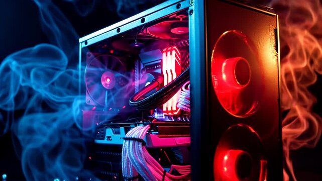 Red And Blue Lit Computer Components With Smoke
