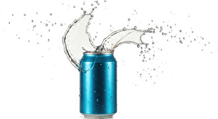 Obraz premium Blue aluminum can with dynamic water splash and droplets isolated on white background