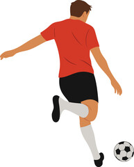 Vector illustration of a soccer player in red jersey kicking the ball, back view silhouette in motion with transparent background &ndash; ideal for sports design, posters, and digital projects