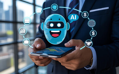 Businessman holding smartphone with futuristic ai chatbot and digital network interface