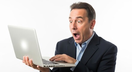Astonished Man In Business Suit Stares At Laptop Screen With Shocked Expression And Open Mouth Isolated On White Background