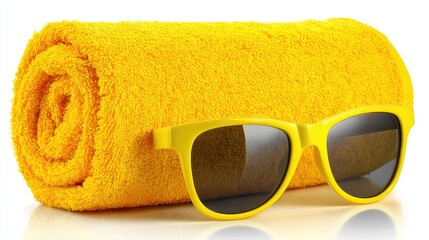 Yellow Rolled Beach Towel and Sunglasses on White Background