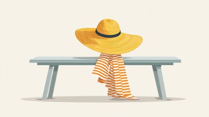 Yellow Straw Hat and Orange Striped Scarf on a Light Gray Bench