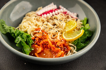 Noodle Bowl vegan fresh delicious gourmet food background on the table rustic food top view copy space keto and paleo diet vegan and vegetarian food