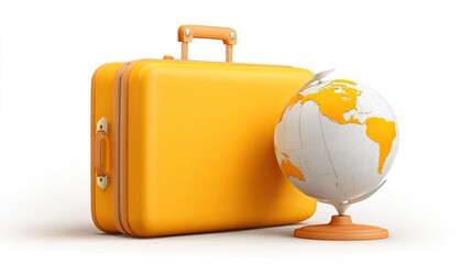Yellow Suitcase and Globe on White Background