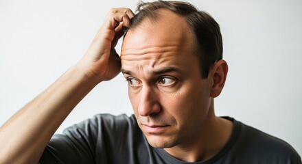 Confused middle-aged man scratching his head with worried expression thinking hard isolated on white background