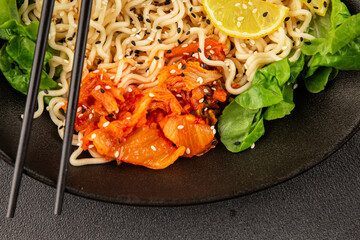 Noodle Bowl vegan fresh delicious gourmet food background on the table rustic food top view copy space keto and paleo diet vegan and vegetarian food