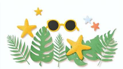 Yellow Sunglasses with Starfish and Tropical Leaves on White Background