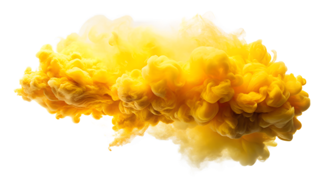 A vibrant explosion of yellow and orange smoke or ink, isolated on a transparent background