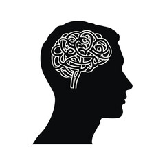 Silhouette of head with tangled lines inside, symbol of anxiety and overthinking  