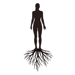 Silhouette of person with roots growing from feet representing grounding and therapy  