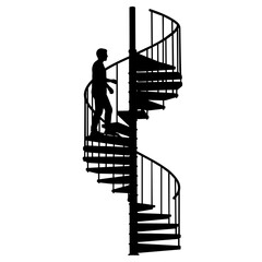 Silhouette of person walking up spiral staircase, personal progress - Concept of psychological support, psychotherapy, counseling, self-improvement  