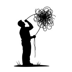 Silhouette of person pulling string from tangled mess while standing outdoors - Concept of psychological support, psychotherapy, counseling, self-improvement  