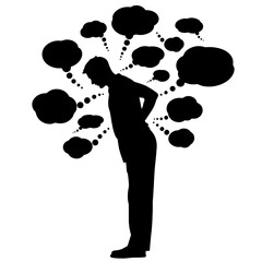 Silhouette of person surrounded by thought bubbles representing mental clutter  