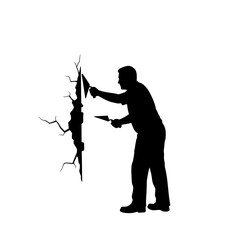 Silhouette of person rebuilding broken wall, therapy and resilience  