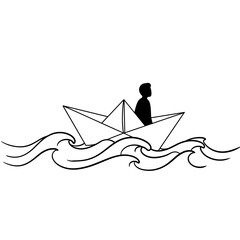 Silhouette of person in paper boat on waves representing emotional journey  