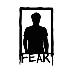 Silhouette of person trapped in box labeled fear, concept of psychological support, therapy, counseling, self-improvement  