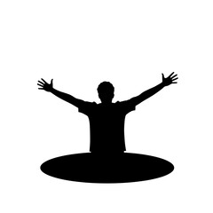 Silhouette of person climbing out of dark hole with arms raised, concept of psychological support, therapy, counseling, self-improvement  