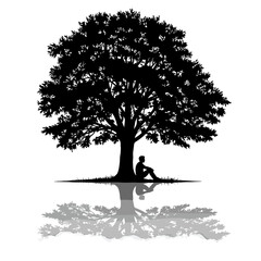 Silhouette of person sitting under tree with calm reflection concept of psychological support, psychotherapy, counseling, self-improvement  