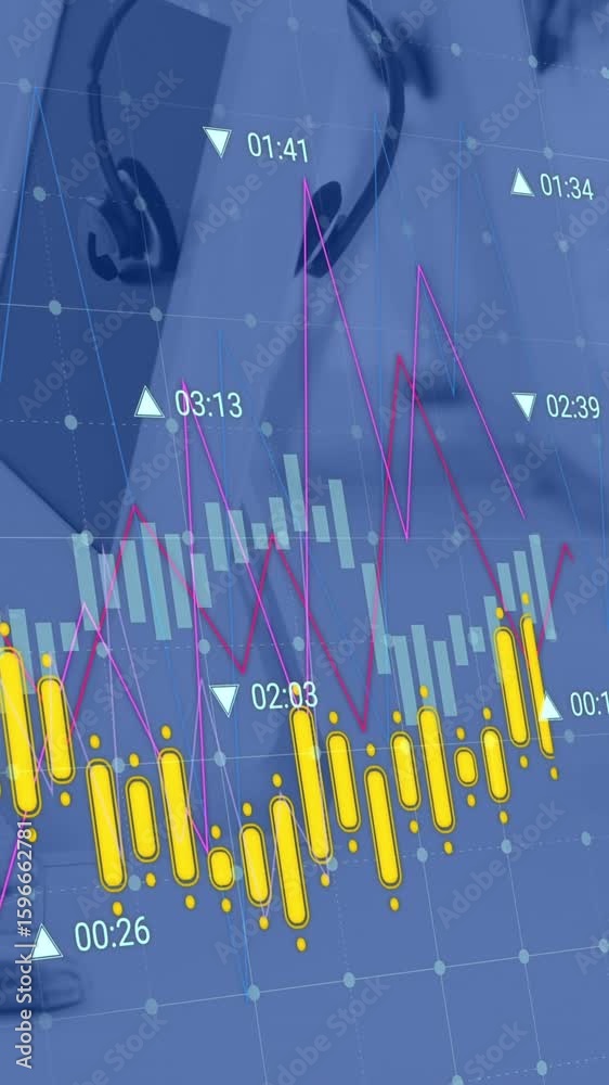 Poster animation of green line and data processing over computers on desks in office