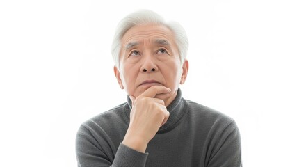 Elderly man deep in thought with hand on chin isolated on white background