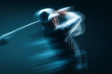 A powerful golf swing captured in side-angle with motion blur shows only the arms, club, and streaking ball&mdash;bold, photorealistic, and minimalist, perfect for luxury sports branding.
