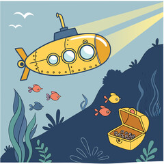 Obraz premium A yellow submarine explores the ocean depths with fish and treasure