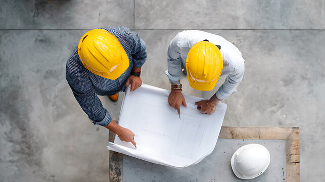 Two construction workers in yellow hard hats reviewing blueprints from a top down view - Powered by Adobe