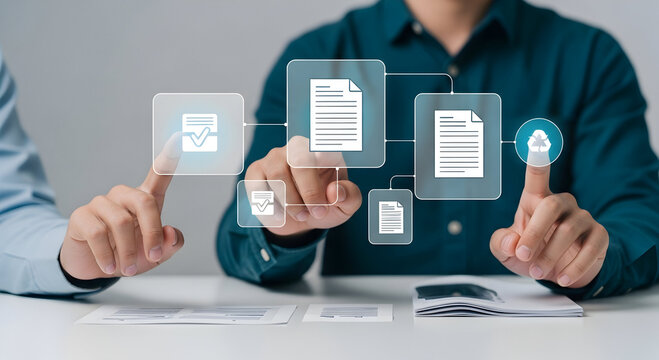 Two individuals manage digital documents and data streams using an innovative interactive virtual interface.