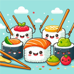 Cute sushi roll characters with smiling faces and chopsticks flat cartoon vector