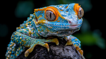 Obraz premium Close-up of a blue and orange gecko on a dark rock.