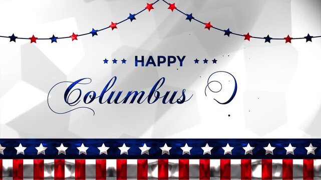 Happy Columbus Day animated background featuring American flag elements with red and white stripes and blue stars. This footage is perfect for celebrating Columbus Day or other patriotic occasions.