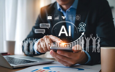 Businessman uses smartphone with ai technology and futuristic data visualization overlay