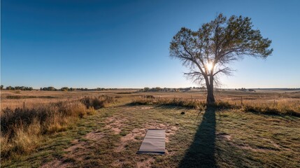Yoga Mat Under a Tree at Sunrise in a Golden Field
