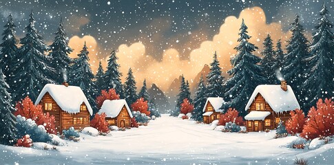 Cozy cabins in snowy forest during snowfall winter trees